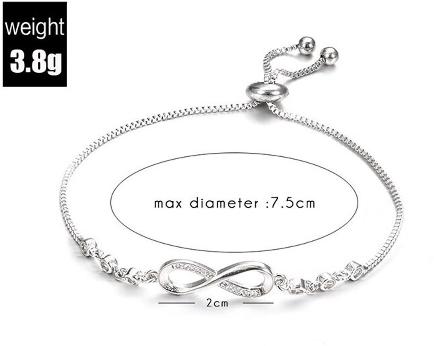 Fashion Frill Silver CZ Infinity Silver Adjustable Bracelet For Women