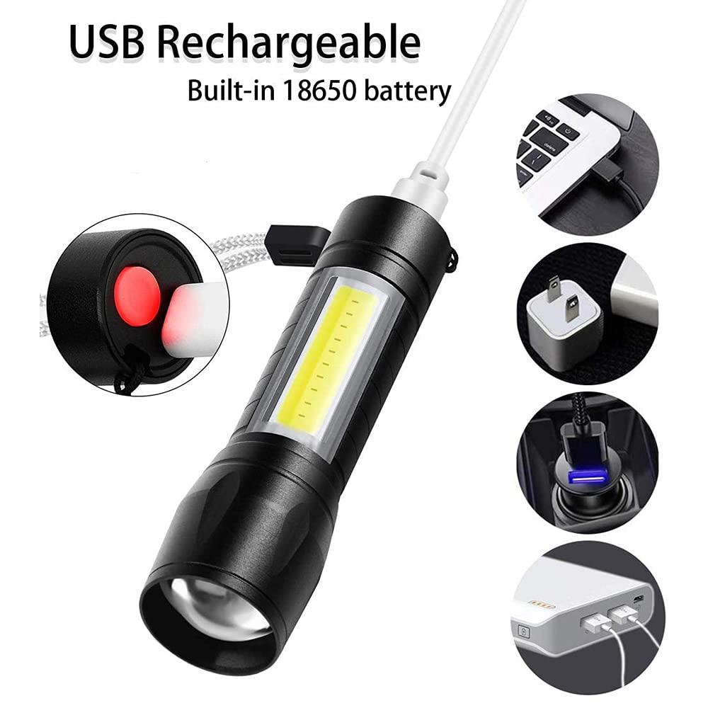 Mini USB Rechargeable Torch Light Super Bright Pocket Mini Zoom COB USB Charging Torch Led Flashlight Waterproof Torch Lights Torch Light with 3 Modes Adjustable
